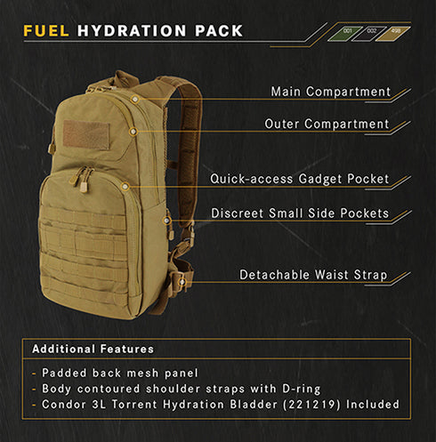 The Condor Fuel Hydration Backpack 18L features labeled compartments for organization, gadget and side pockets, a detachable waist strap, comfort details, and is compatible with the Condor 3L Torrent Hydration Bladder.